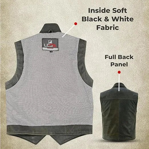 Men’s Distressed Leather Motorcycle Vest – Cowhide V-Neck Biker Vest with Collar, Snap Closure &amp; Concealed Carry Pockets