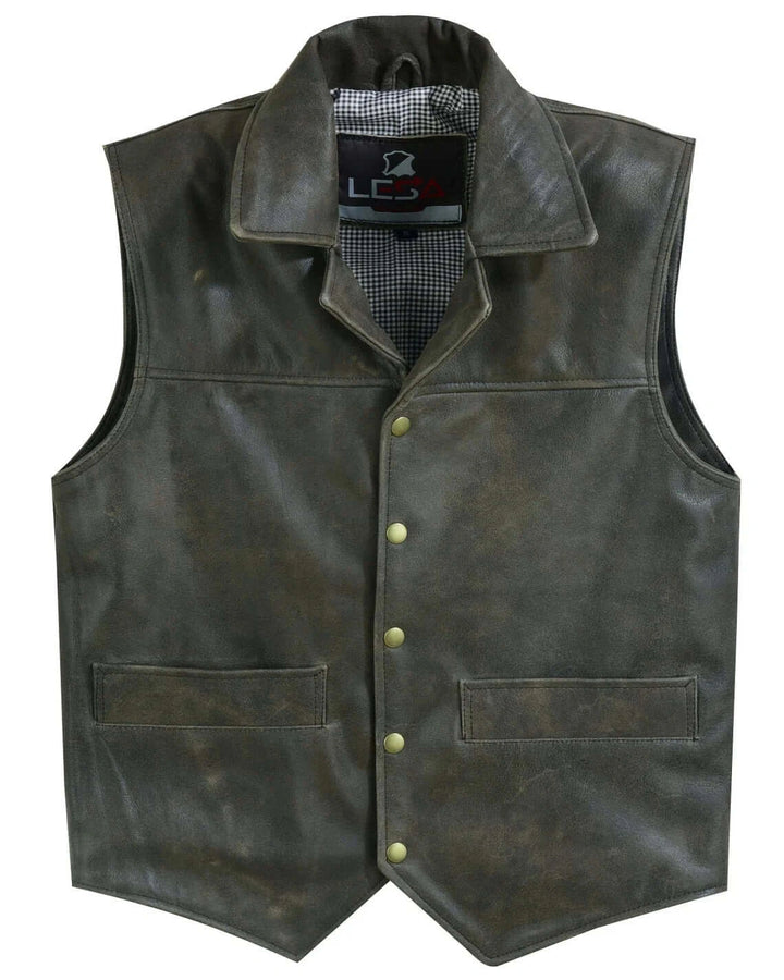 Men’s Distressed Leather Motorcycle Vest – Cowhide V-Neck Biker Vest with Collar, Snap Closure &amp; Concealed Carry Pockets