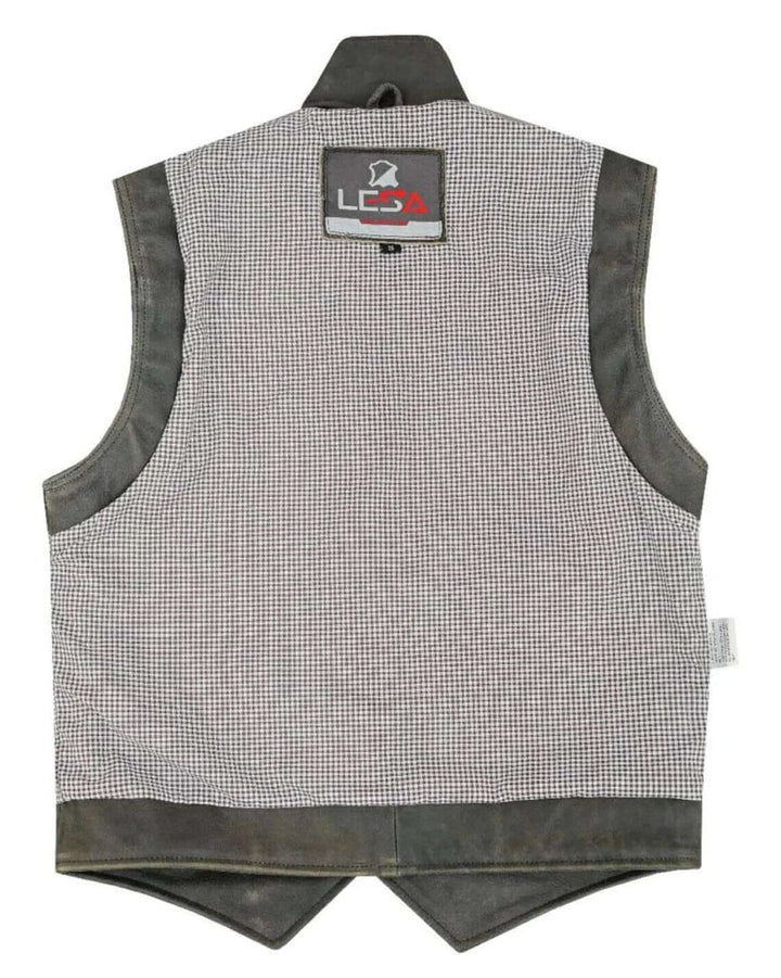 Men’s Distressed Leather Motorcycle Vest – Cowhide V-Neck Biker Vest with Collar, Snap Closure &amp; Concealed Carry Pockets