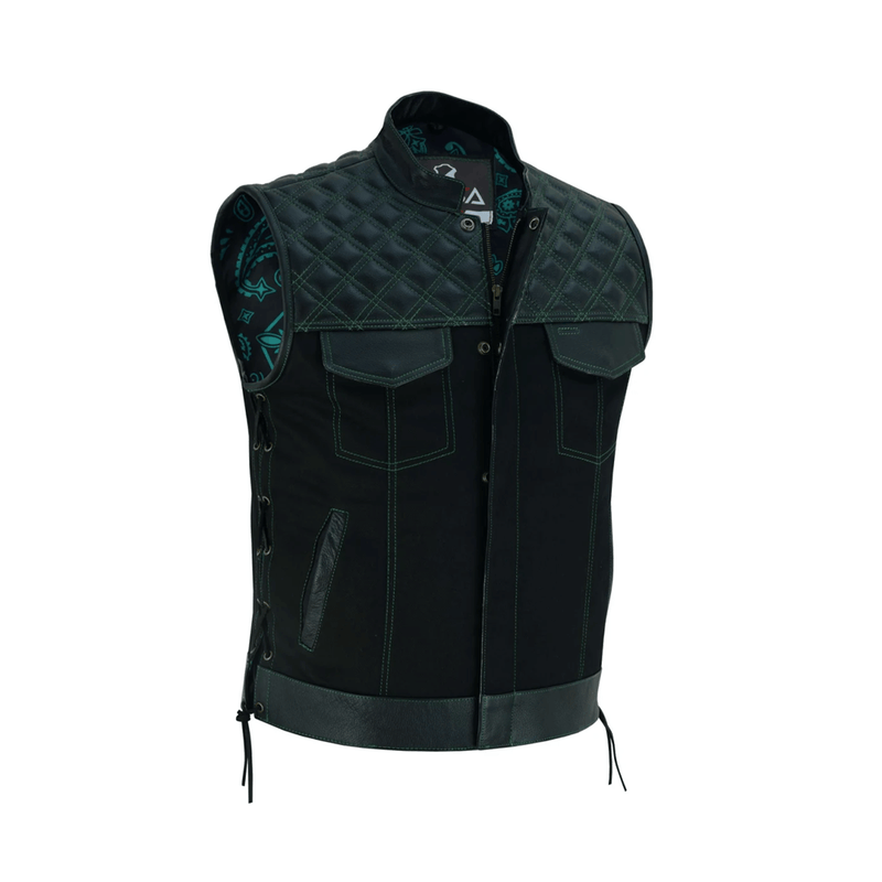 Mens Black Denim & Leather Motorcycle Club Vest Red Thread Diamond Padding with Green stiches laces up