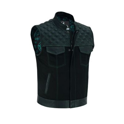 Mens Black Denim & Leather Motorcycle Club Vest Green Thread Zipper Front, Diamond Padding