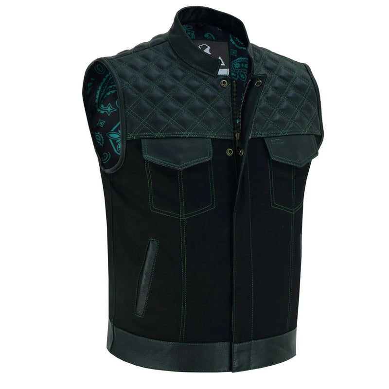 Mens Black Denim Motorcycle Vest With Gun Pocket - Green Lining