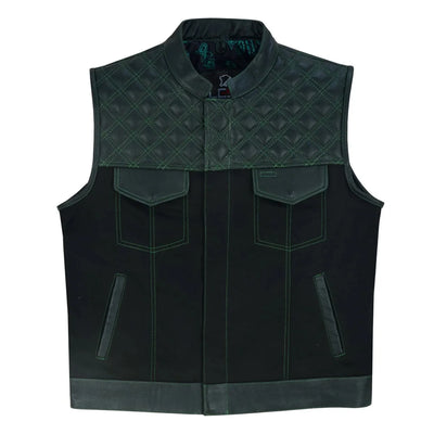 Mens Black Denim Motorcycle Vest With Gun Pocket - Green Lining