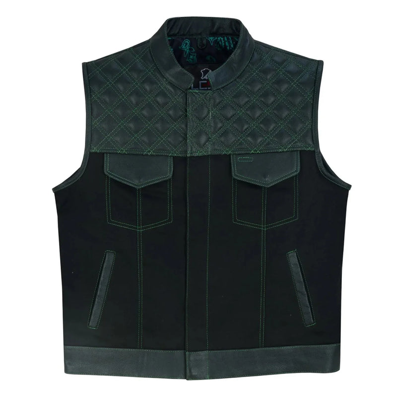 Mens Black Denim Motorcycle Vest With Gun Pocket - Green Lining