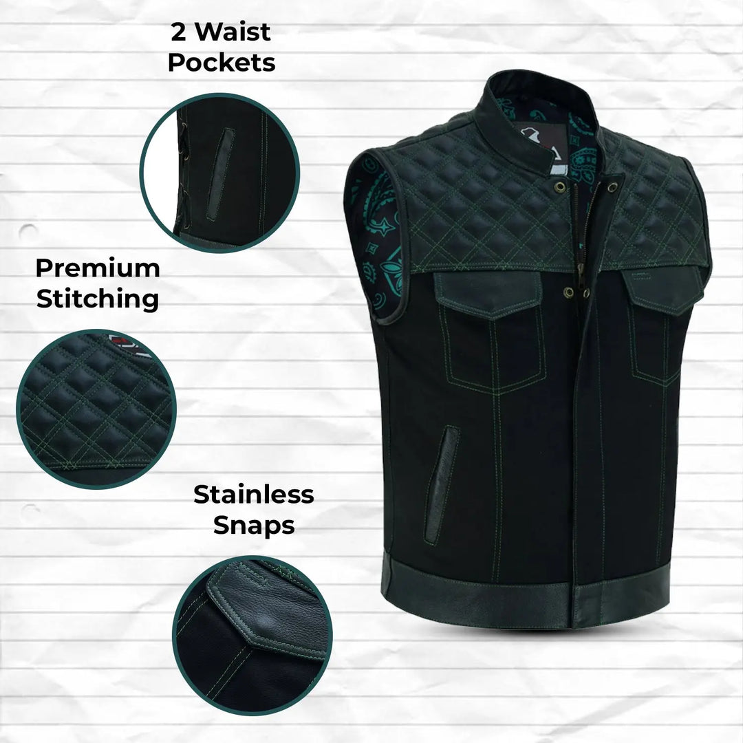 Men’s Black Denim Motorcycle Vest – Green Diamond Quilted SOA Style Biker Vest with Side Laces, Zipper Snap Closure &amp; Multi Pockets