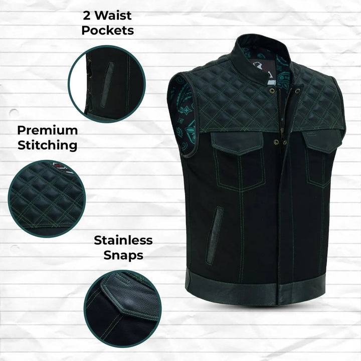 Men’s Black Denim Motorcycle Vest – Green Diamond Quilted SOA Style Biker Vest with Side Laces, Zipper Snap Closure &amp; Multi Pockets