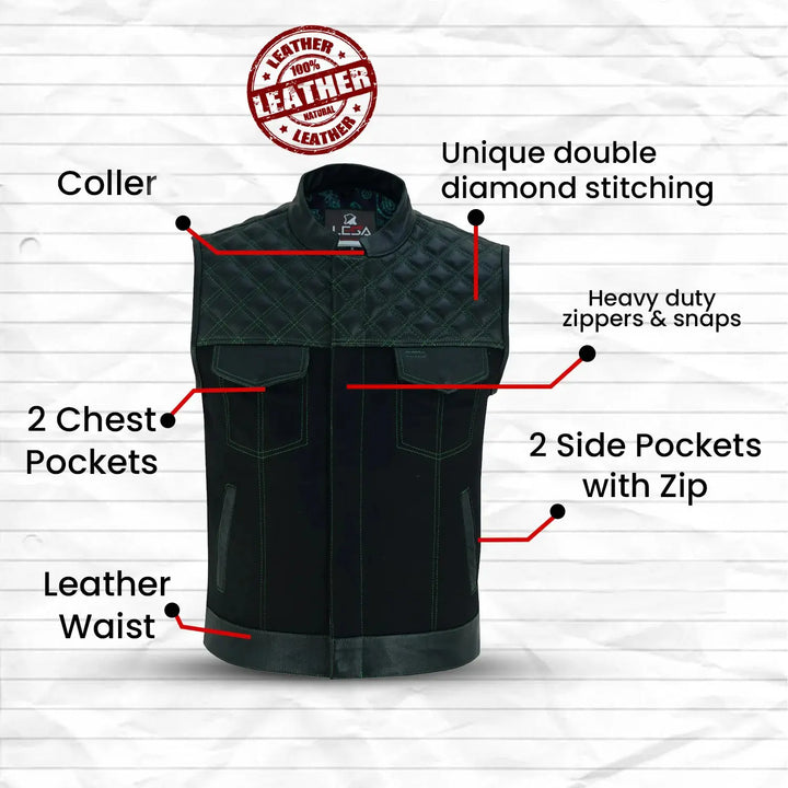 Men’s Black Denim Motorcycle Vest – Green Diamond Quilted SOA Style Biker Vest with Side Laces, Zipper Snap Closure &amp; Multi Pockets