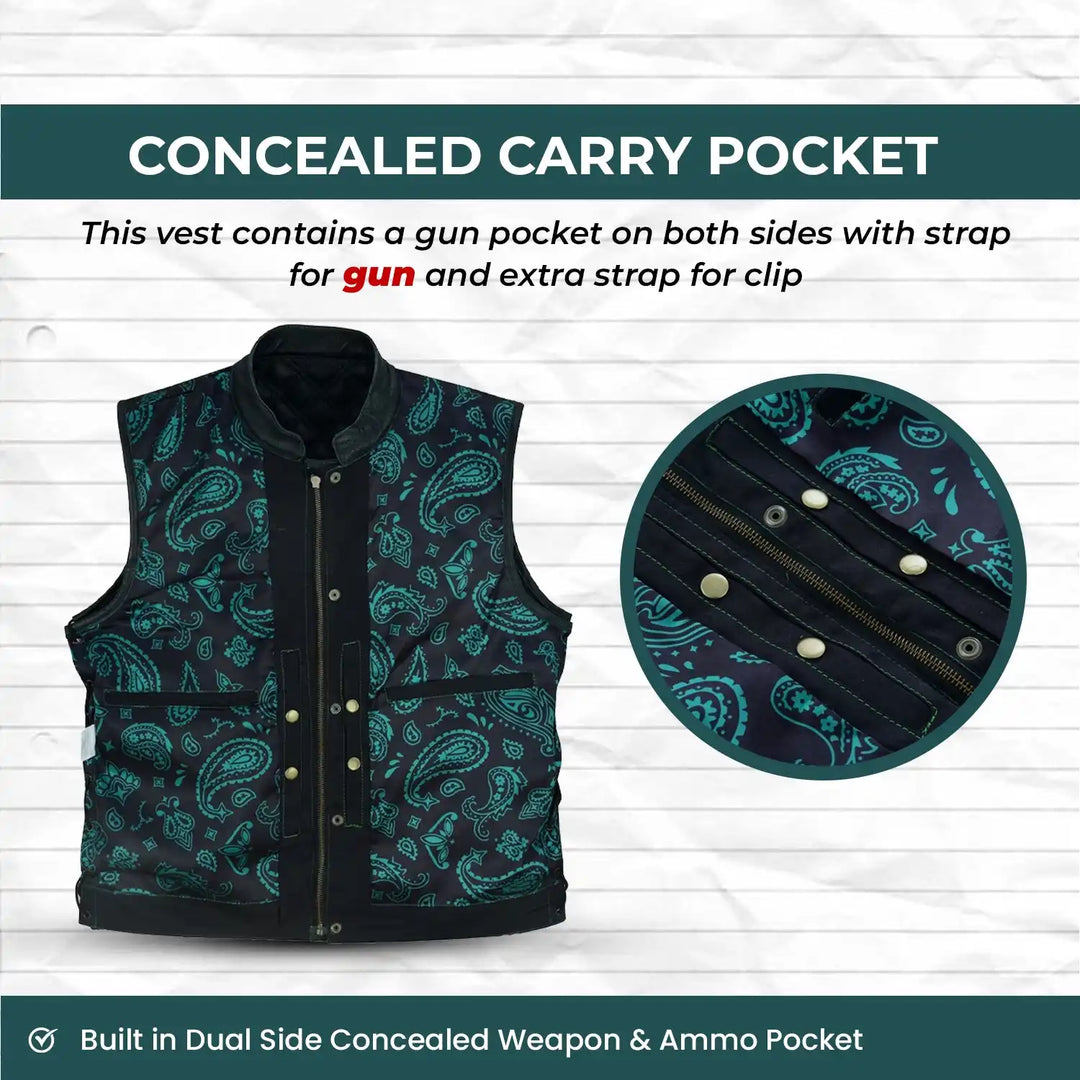Men’s Black Denim Motorcycle Vest – Green Diamond Quilted SOA Style Biker Vest with Side Laces, Zipper Snap Closure &amp; Multi Pockets