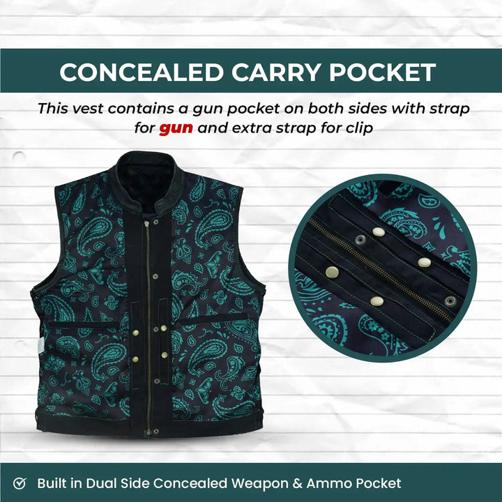 Men’s Black Denim Motorcycle Vest – Green Diamond Quilted SOA Style Biker Vest with Side Laces, Zipper Snap Closure &amp; Multi Pockets