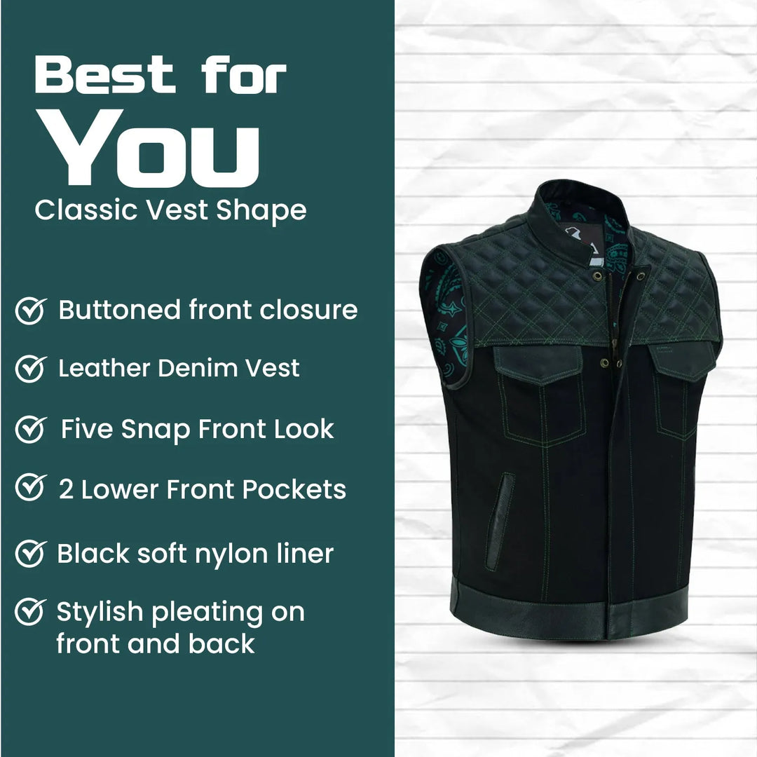 Men’s Black Denim Motorcycle Vest – Green Diamond Quilted SOA Style Biker Vest with Side Laces, Zipper Snap Closure &amp; Multi Pockets