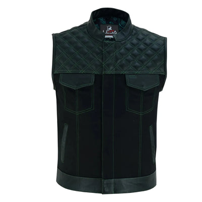 Mens Black Denim Motorcycle Vest With Gun Pocket - Green Lining