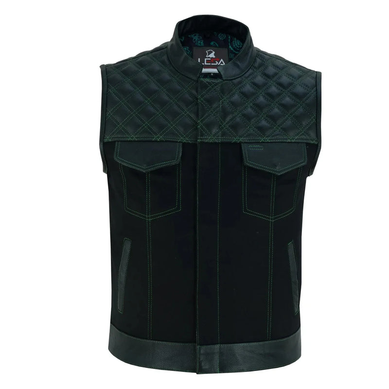 Mens Black Denim Motorcycle Vest With Gun Pocket - Green Lining