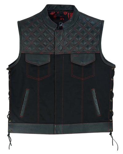 Mens Padded Black Denim Motorcycle Vest - Side Lace Up