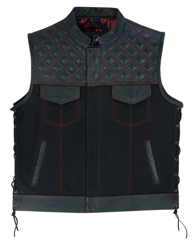 Mens Padded Black Denim Motorcycle Vest - Side Lace Up