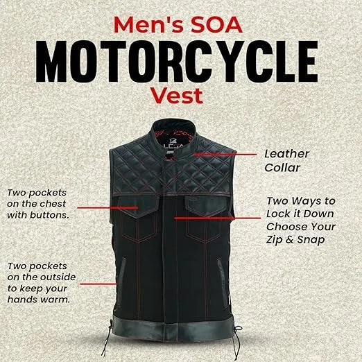 Men’s Quilted Denim &amp; Leather Motorcycle Vest – Diamond Stitch Biker Vest with Side Laces, Dual Closure &amp; Concealed Carry Pockets