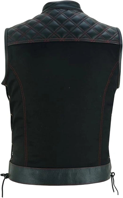 Mens Padded Black Denim Motorcycle Vest - Side Lace Up