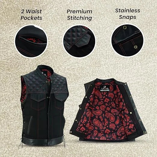 Mens Padded Black Denim Motorcycle Vest - Side Lace Up