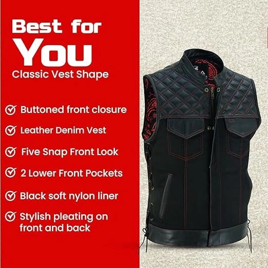 Men’s Quilted Denim &amp; Leather Motorcycle Vest – Diamond Stitch Biker Vest with Side Laces, Dual Closure &amp; Concealed Carry Pockets