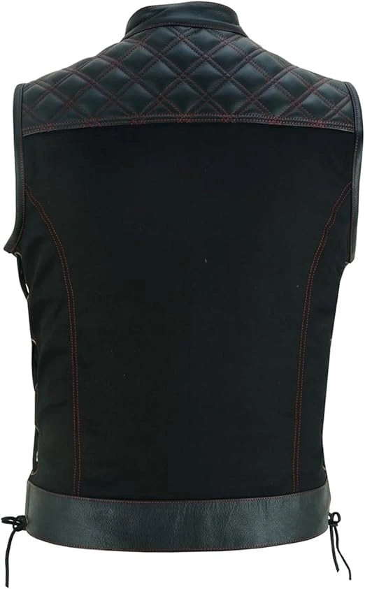Mens Padded Black Denim Motorcycle Vest - Side Lace Up