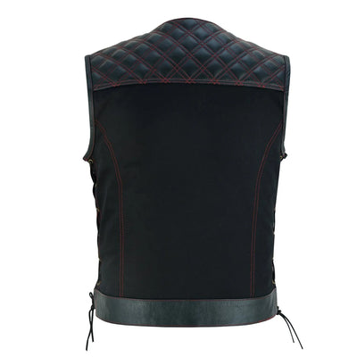 Mens Black Denim Motorcycle Vest With Gun Pocket-Side Laces Collar Less