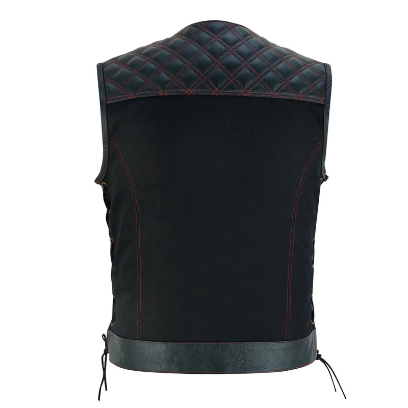 Mens Black Denim Motorcycle Vest With Gun Pocket-Side Laces Collar Less