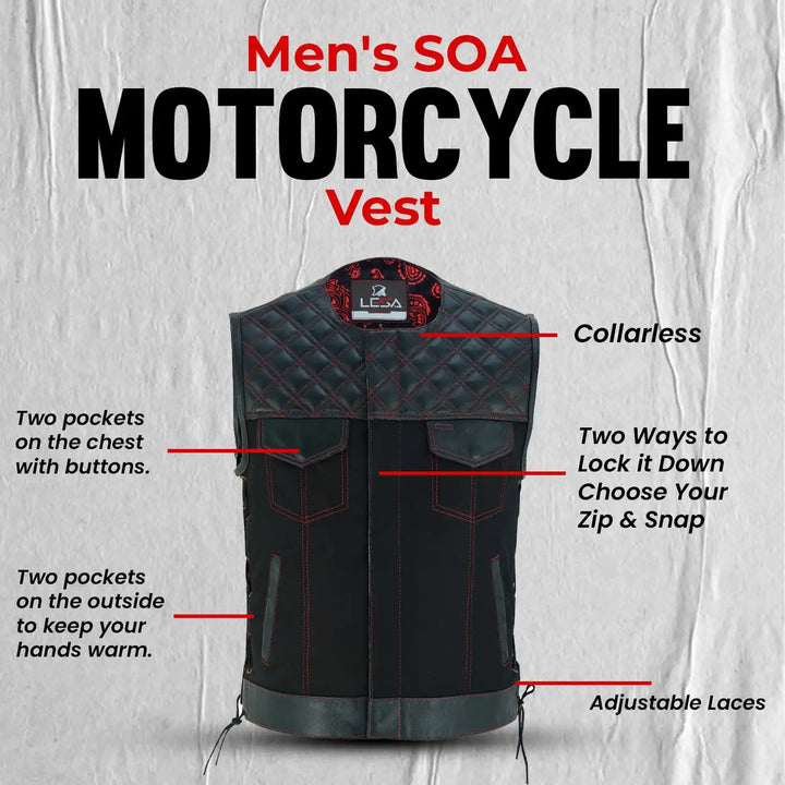 Collarless Black Denim Motorcycle Club Vest - SOA Style Biker Vest with Leather Trim, Concealed Carry Pockets &amp; Side Laces