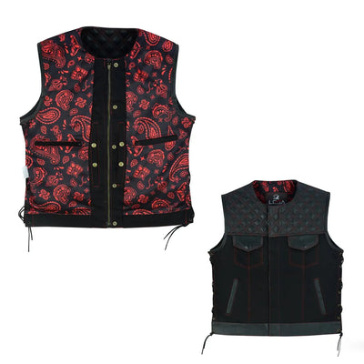 Mens Black Denim Motorcycle Vest With Gun Pocket-Side Laces Collar Less