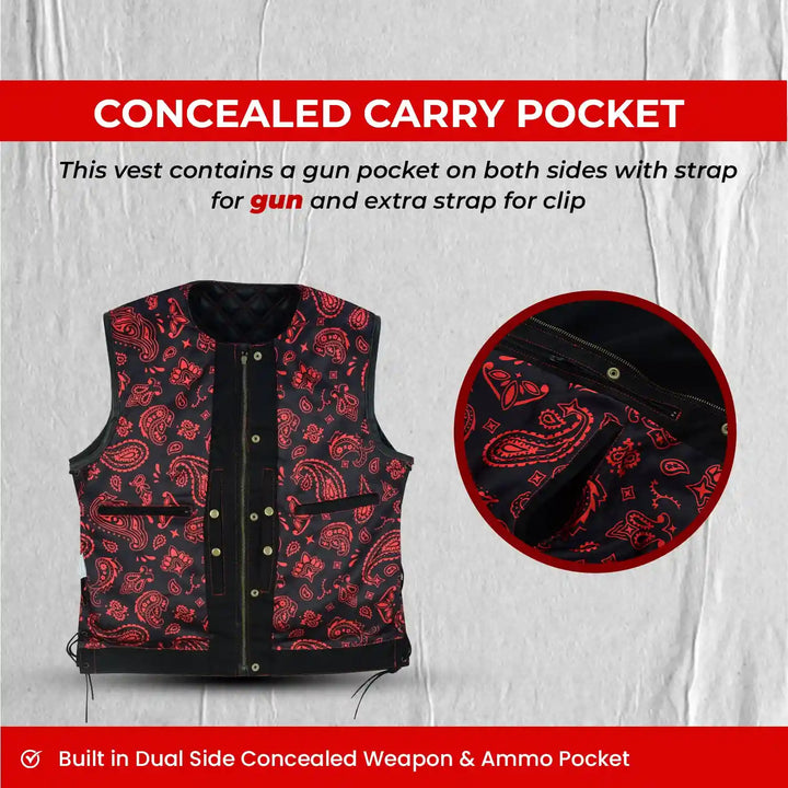 Collarless Black Denim Motorcycle Club Vest - SOA Style Biker Vest with Leather Trim, Concealed Carry Pockets &amp; Side Laces
