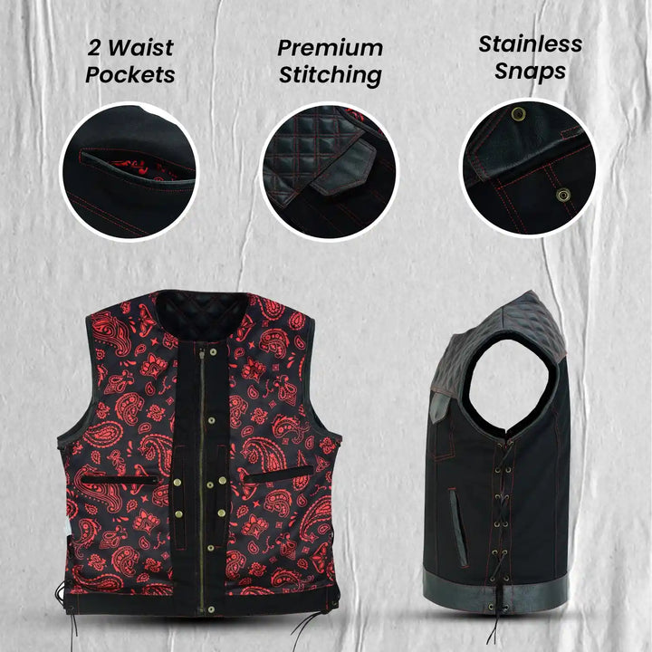 Collarless Black Denim Motorcycle Club Vest - SOA Style Biker Vest with Leather Trim, Concealed Carry Pockets &amp; Side Laces