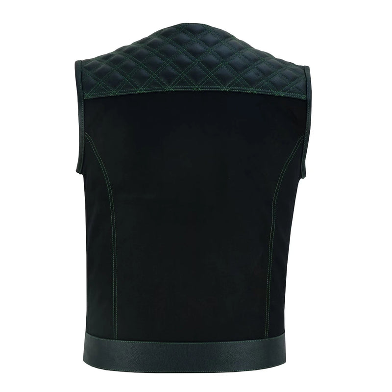 Mens Black Denim Motorcycle Vest With Gun Pocket - Collar Less Green Lining