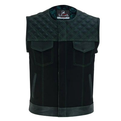 Mens Black Denim Motorcycle Vest With Gun Pocket - Collar Less Green Lining