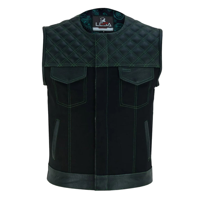 Mens Black Denim Motorcycle Vest With Gun Pocket - Collar Less Green Lining