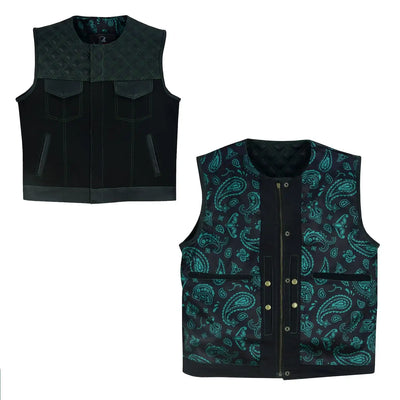 Mens Black Denim Motorcycle Vest With Gun Pocket - Collar Less Green Lining