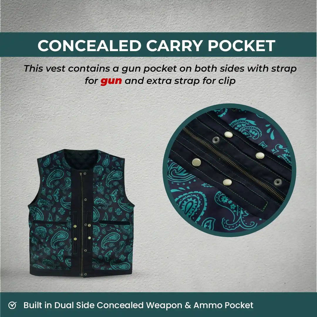 Men’s Denim &amp; Leather Motorcycle Vest – Collarless Green Stitch Biker Vest with Quilted Padding, Multi Pockets &amp; Zipper Snap Closure