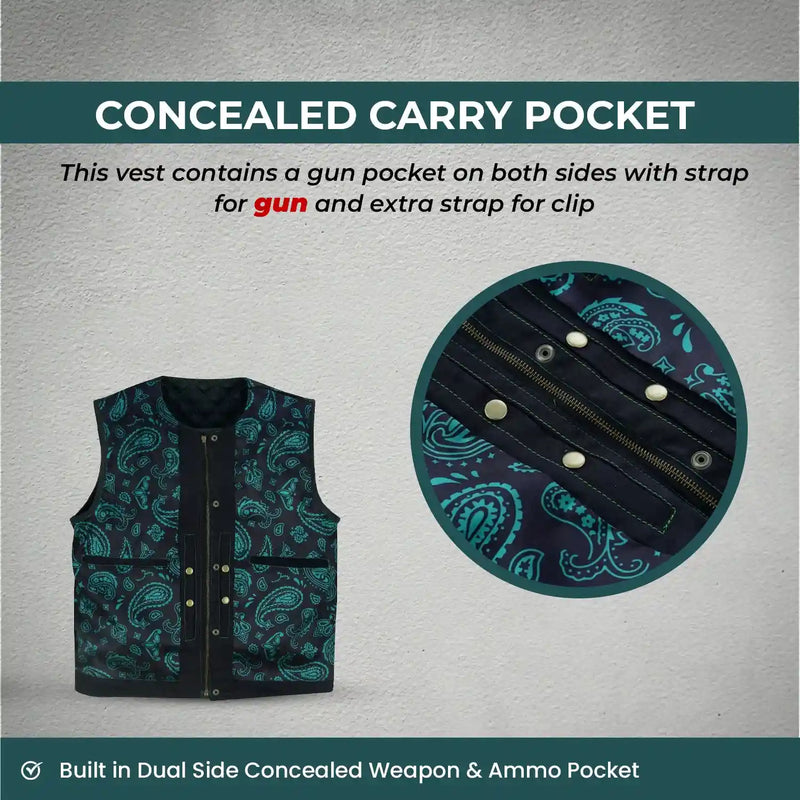 Mens Black Denim Motorcycle Vest With Gun Pocket - Collar Less Green Lining