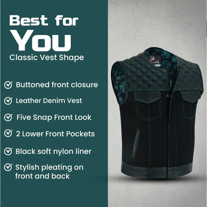Men’s Denim &amp; Leather Motorcycle Vest – Collarless Green Stitch Biker Vest with Quilted Padding, Multi Pockets &amp; Zipper Snap Closure