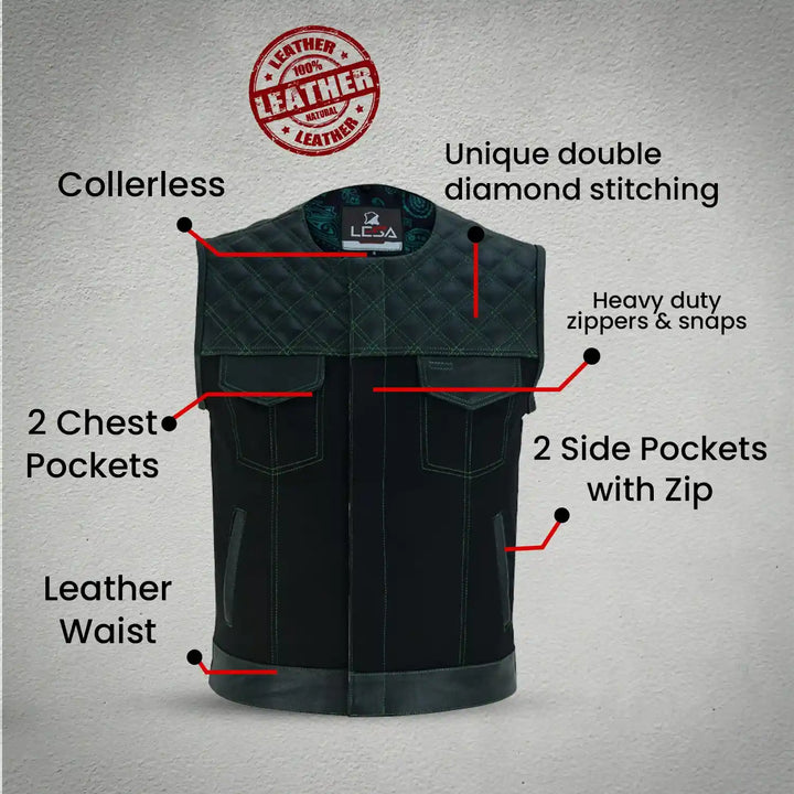 Men’s Denim &amp; Leather Motorcycle Vest – Collarless Green Stitch Biker Vest with Quilted Padding, Multi Pockets &amp; Zipper Snap Closure