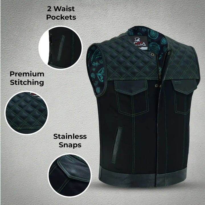 Men’s Denim &amp; Leather Motorcycle Vest – Collarless Green Stitch Biker Vest with Quilted Padding, Multi Pockets &amp; Zipper Snap Closure