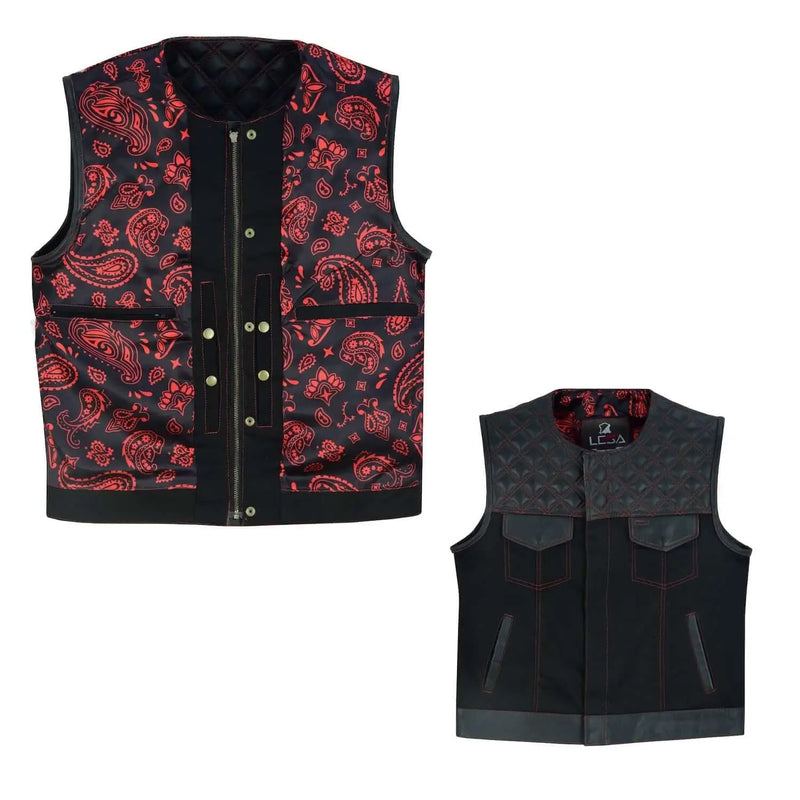 Mens Black Denim Motorcycle Vest With Gun Pocket - Collar Less Red Lining