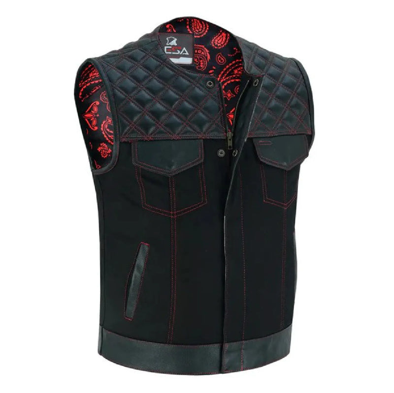 Mens Black Denim Motorcycle Vest With Gun Pocket - Collar Less Red Lining