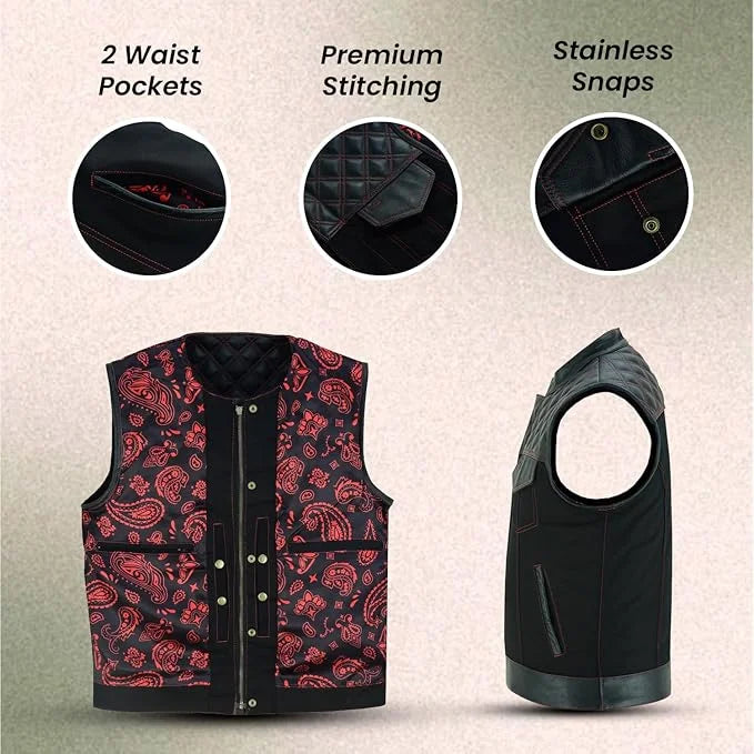 Collarless Red Stitched Leather &amp; Denim Motorcycle Vests for Men
