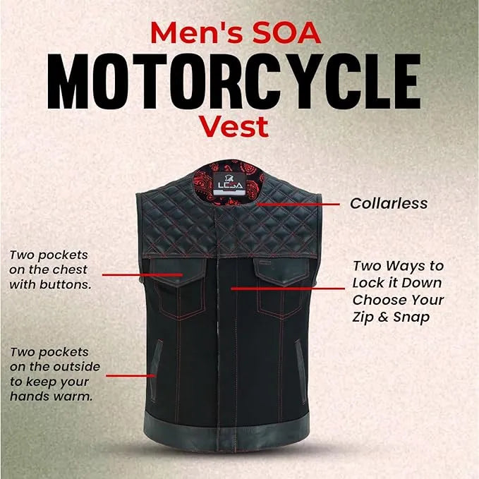 Collarless Red Stitched Leather &amp; Denim Motorcycle Vests for Men