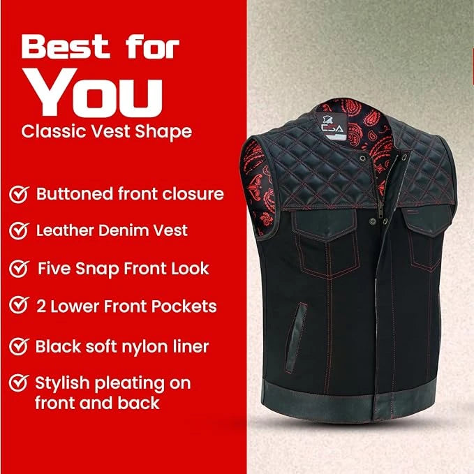 Collarless Red Stitched Leather &amp; Denim Motorcycle Vests for Men