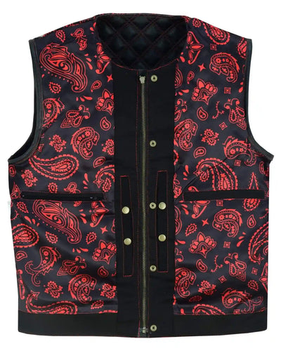 Mens Black Denim Motorcycle Vest With Gun Pocket - Collar Less Red Lining