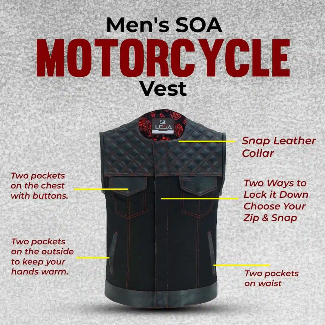 Collarless Red Stitched Leather &amp; Denim Motorcycle Vests for Men