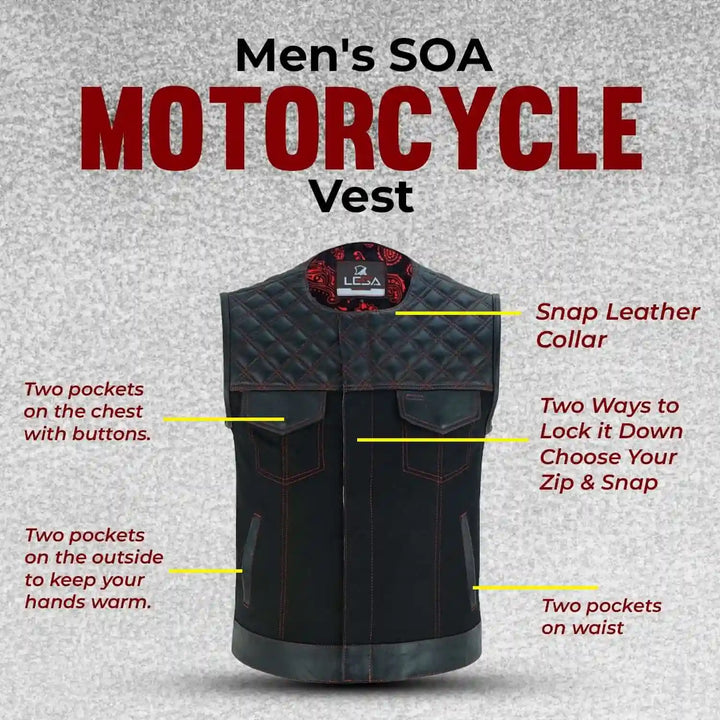 Collarless Red Stitched Leather &amp; Denim Motorcycle Vests for Men