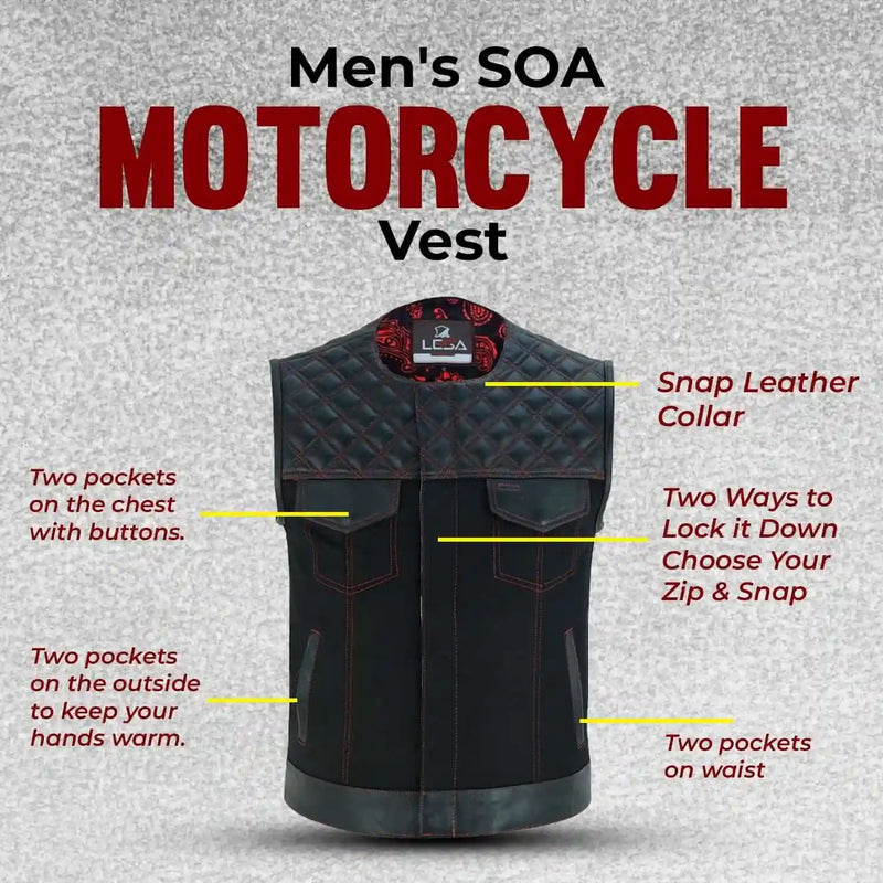Mens Black Denim Motorcycle Vest With Gun Pocket - Collar Less Red Lining