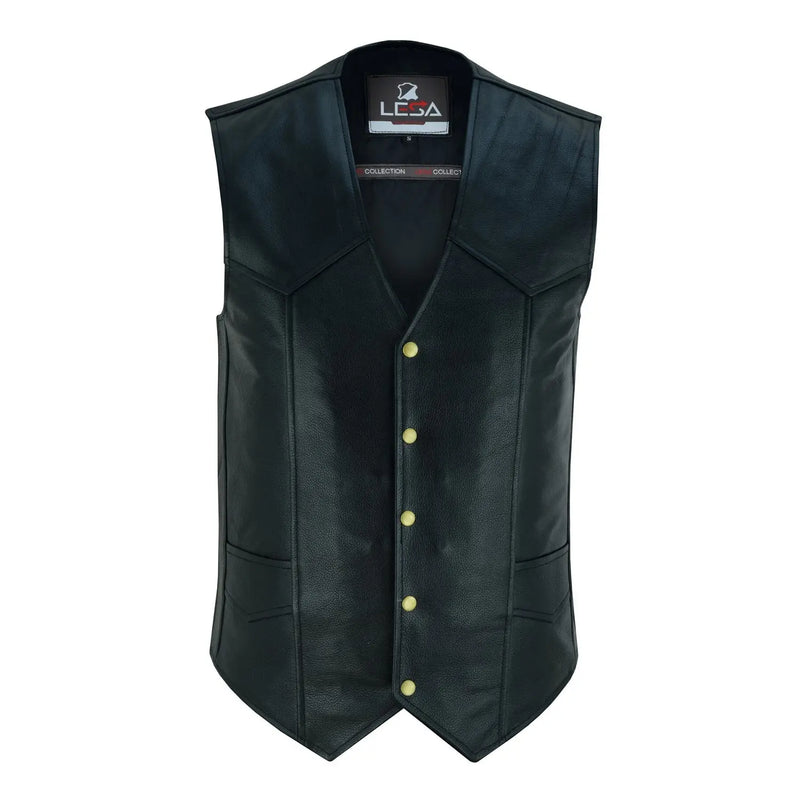 Mens Leather Vest Classic Snap Front Vest Gun Pockets
