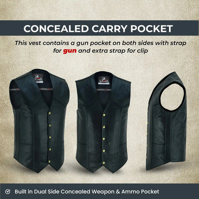 Mens Leather Vest Classic Snap Front Vest Gun Pockets