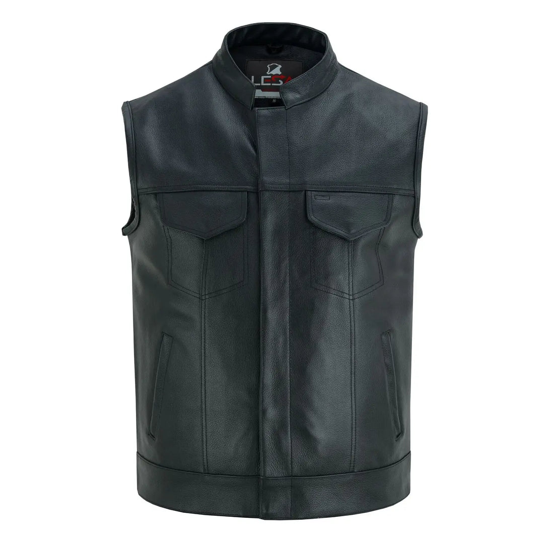 Men’s Cowhide Leather Motorcycle Vest – Black Leather Biker Vest with Collar, Zipper Snap Closure &amp; Concealed Carry Pockets